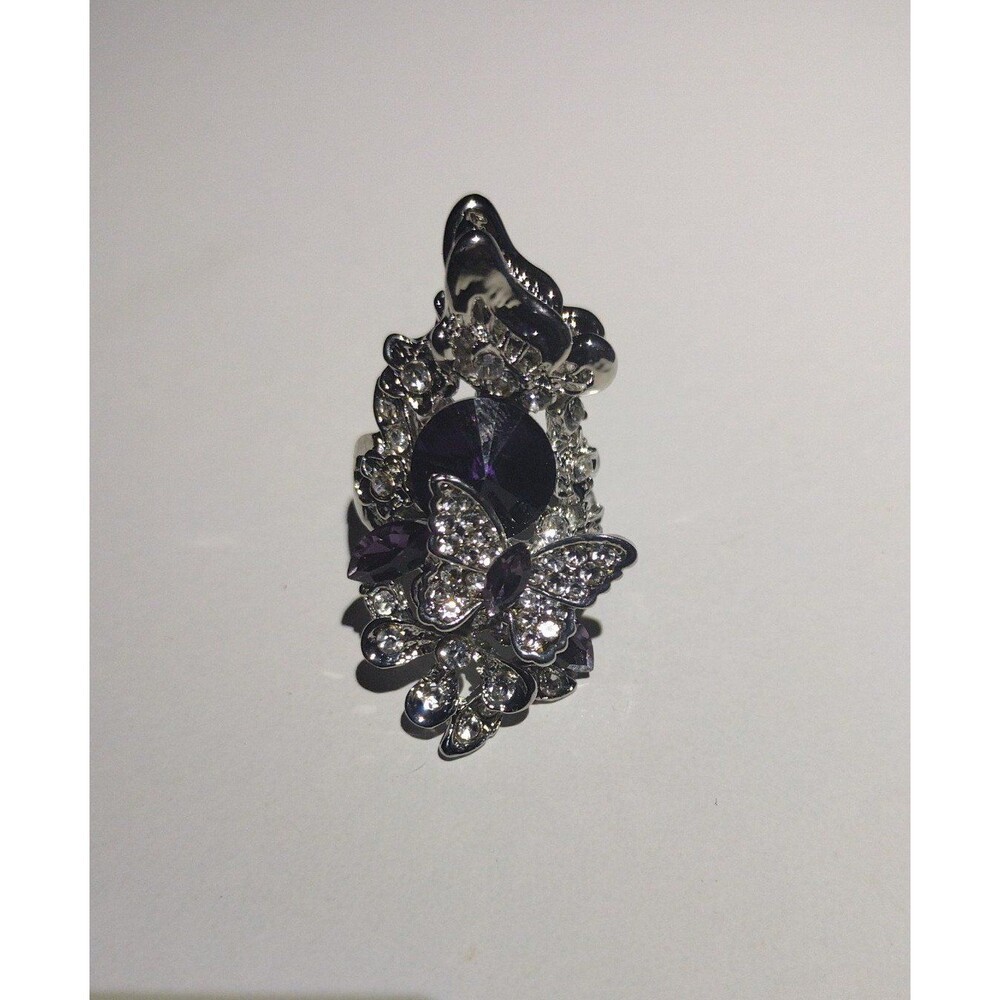 Butterfly Statement Ring - Amethyst Purple Stone - Adjustable Costume Jewelry